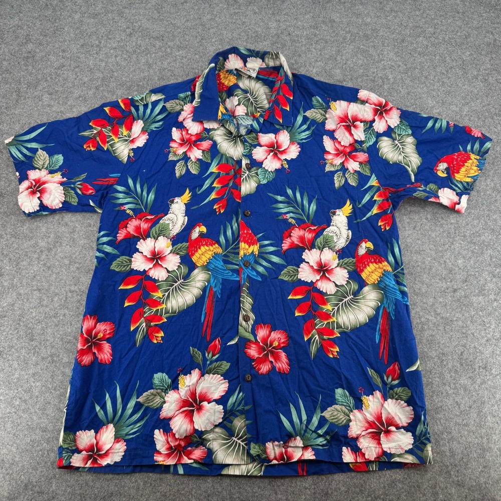 Pacific Legend Mens XL Hawaiian Shirt Blue Parrot Hibiscus Floral Cotton Hawaii